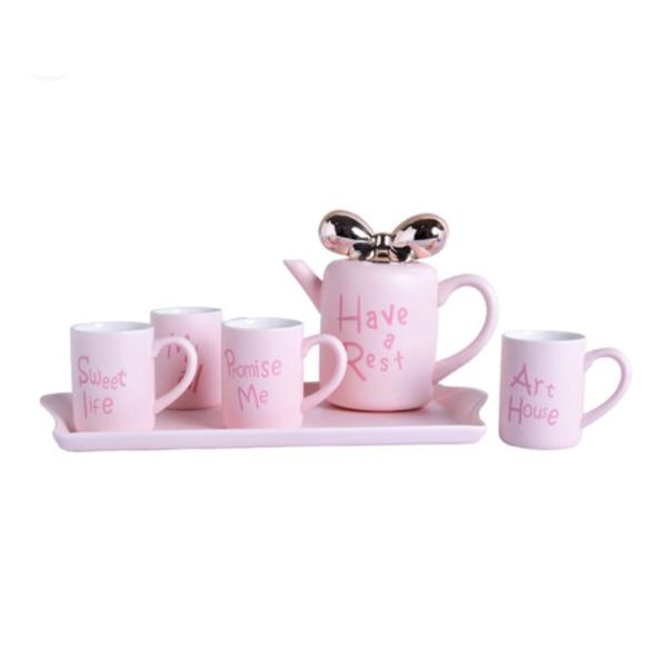 6-Piece Ceramic Cup Set Pink (White and Pink) 